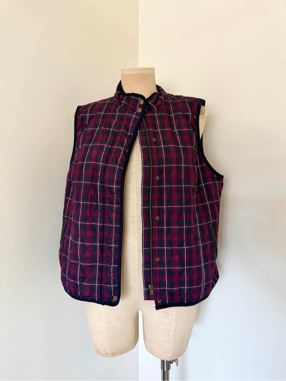 Talbots Quilted Plaid Puffer Vest in Burgundy and Navy